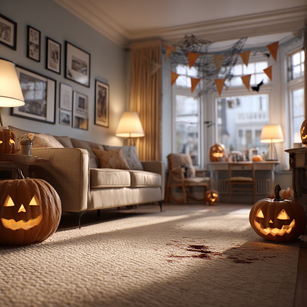 A fake-blood stain on a biege carpet in a Halloween-decorated London living room