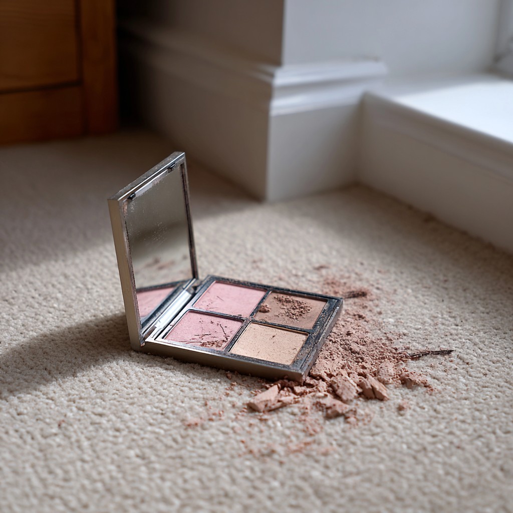 A make-up palette lying on a light beige bedroom carpet in a modest London apartment